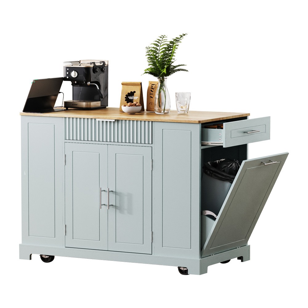 K&K Fluted Kitchen Island with Trash Can Storage Cabinet, Power Outlet