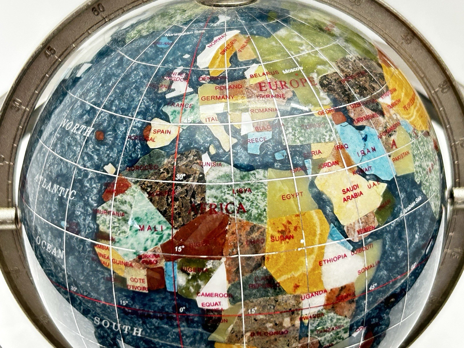 Blue Table Top Gemstone World Globe Silver Tripod