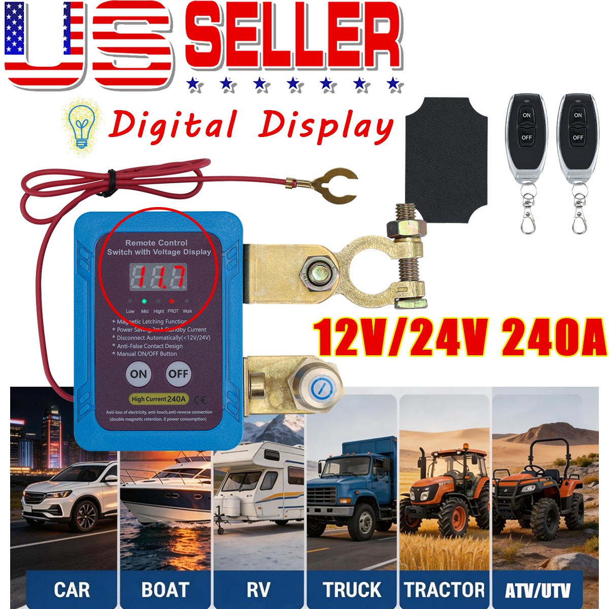 12V/24V 240A Remote Battery Kill Switch Anti-Theft Disconnect w/LED Display US