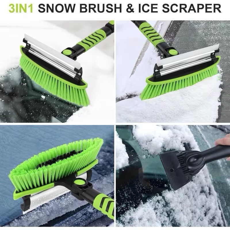 3-in-1 Snow Brush, Ice Scraper, Squeegee, 180° Head, Extendable Handle, Green