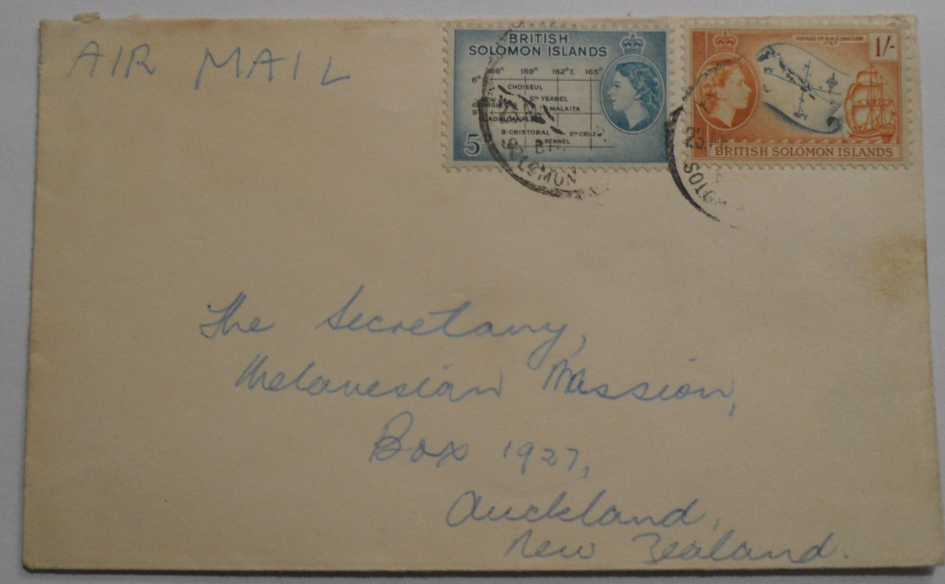 STAMPMART : BRITISH SOLOMON ISLANDS AIR MAIL MISSION COVER USED TO NEW ZEALAND