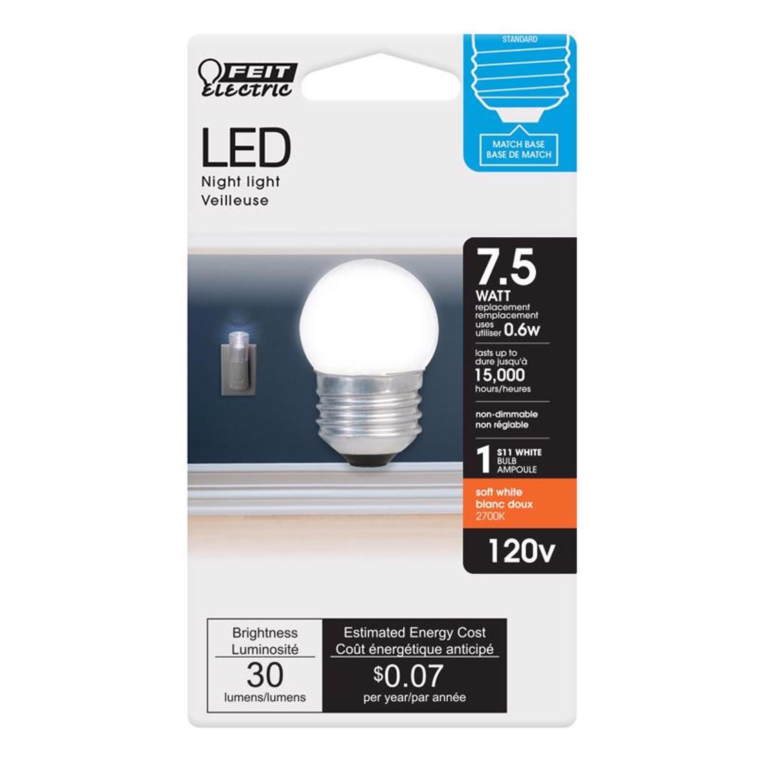Feit Electric BP71/2S/W/LED 0.6W 30 Lumens Soft White S11 LED Night Light Bulb