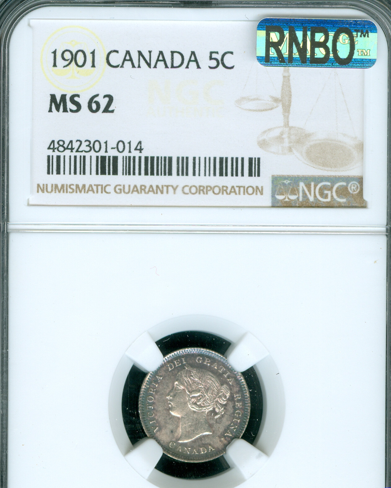 1901 CANADA 5 CENTS MS62 MAC RNBO RAIBOW *
