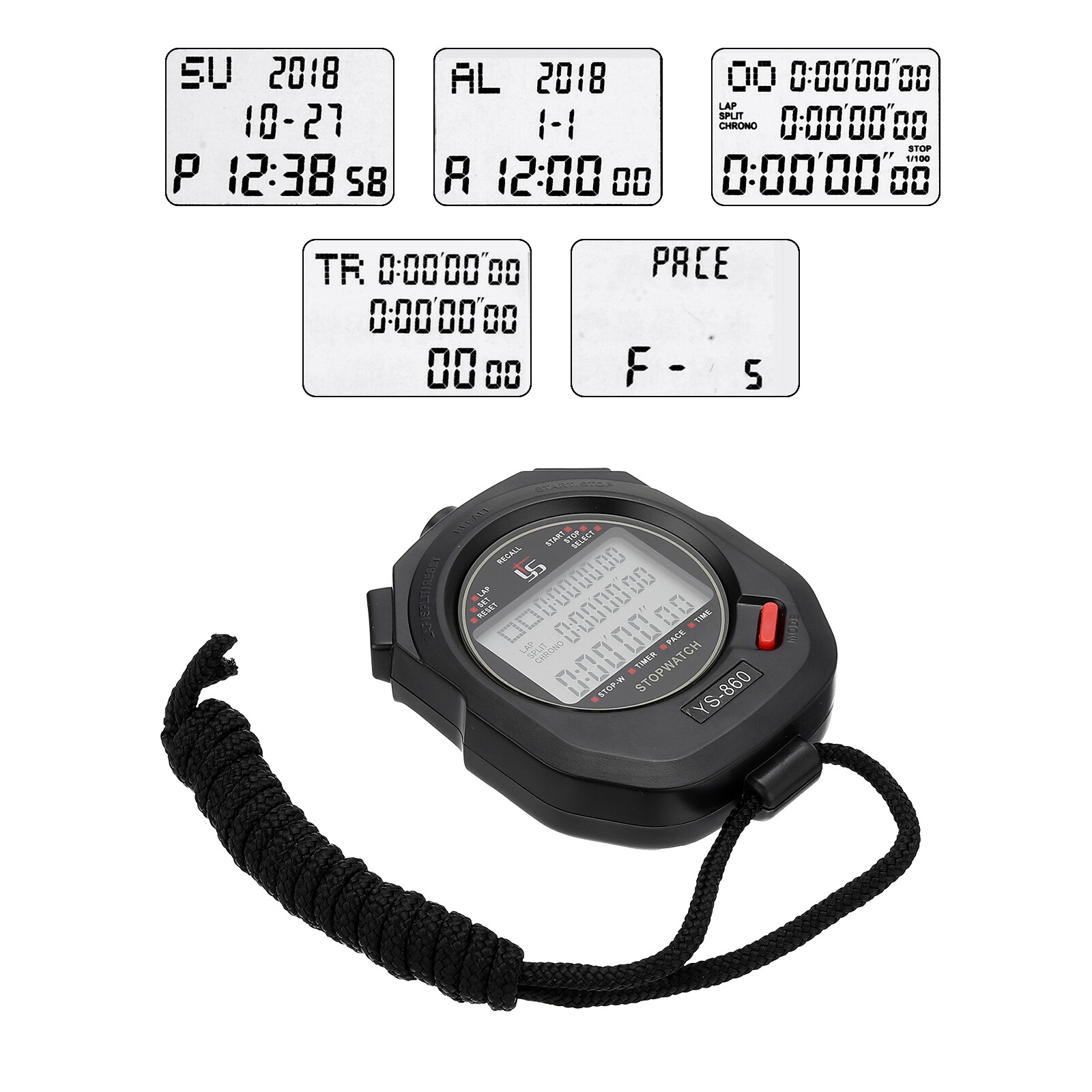 Professional Sport Stopwatch Timer 60 Lap Memory 0.01 Second Timing Black