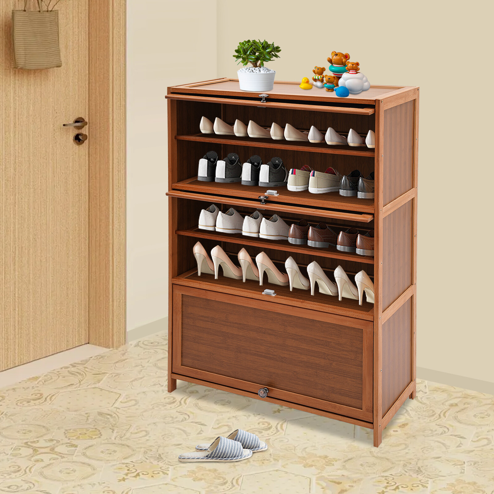32" Entryway Bamboo 6-Tier Shoe Organizer Storage Cabinet w/ 3 Flip-up Door US