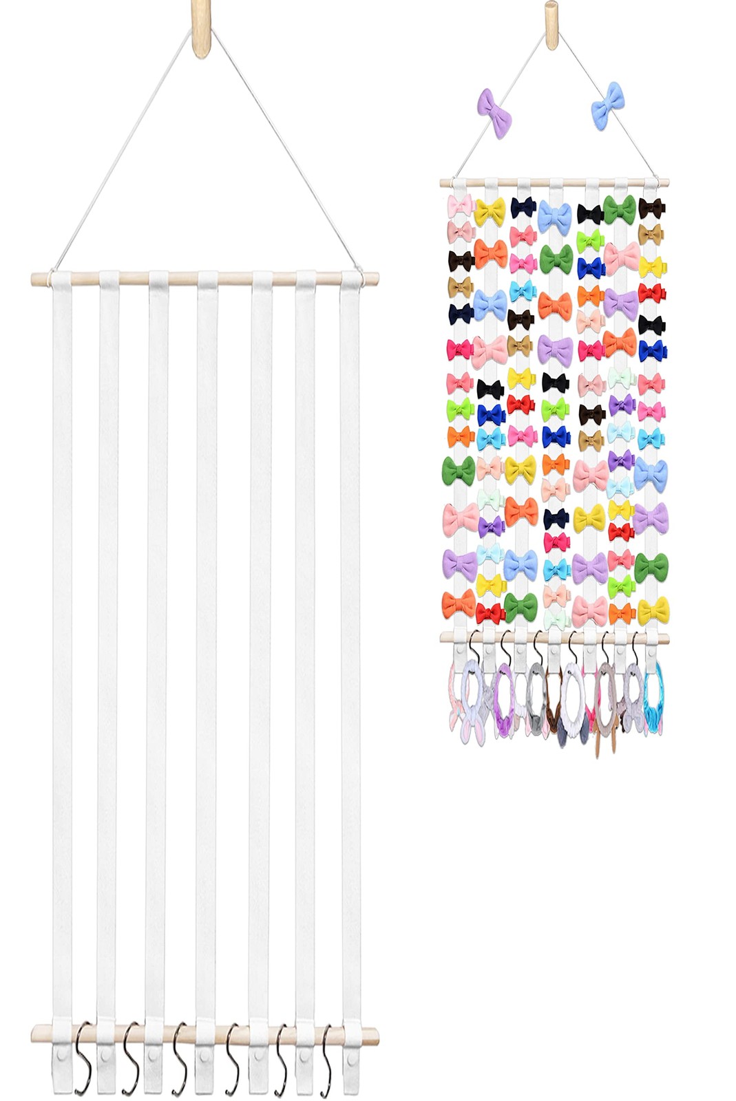 48.5x16.5 Inch Bow Holder for Girls Hair Bows with 7 Cotton Ribbons Hooks
