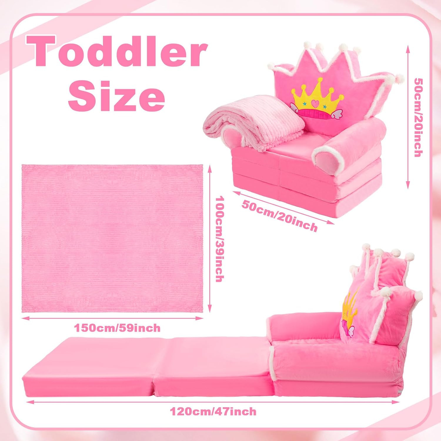 Toddler Couch 2 in 1 Soft Princess Kids Fold Out Couch with Flannel Blanket Comf
