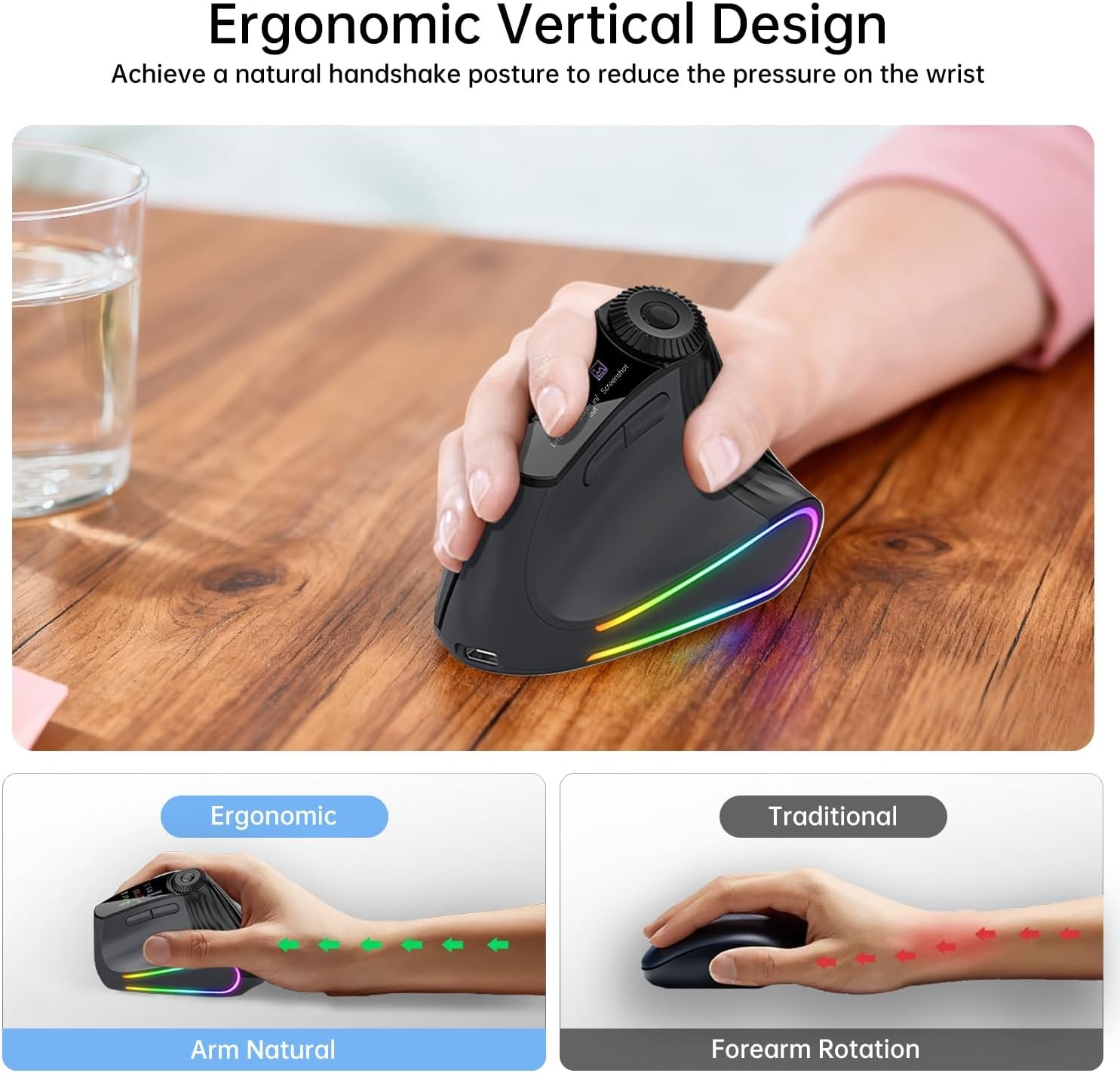 Ergonomic Vertical Mouse Wireless, Rechargeable Bluetooth