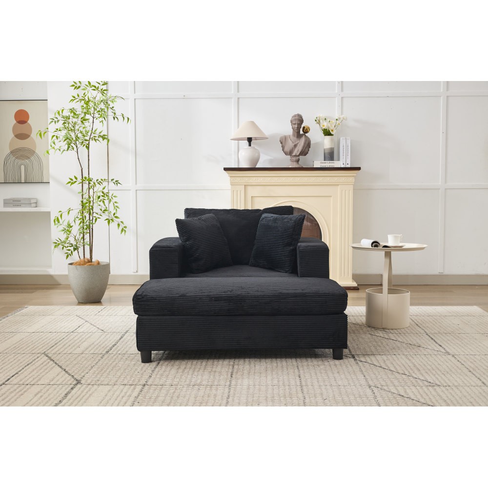 Modern Chaise Lounge Chair w/ Removable Ottoman & Pillows, Black Corduroy