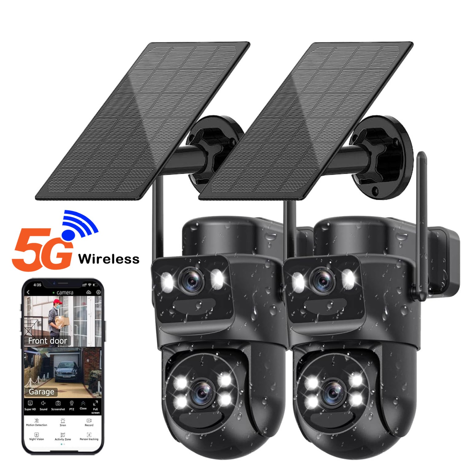2PCS Solar Wireless WiFi Outdoor Pan/Tilt Zoom Security Camera Color NightVision