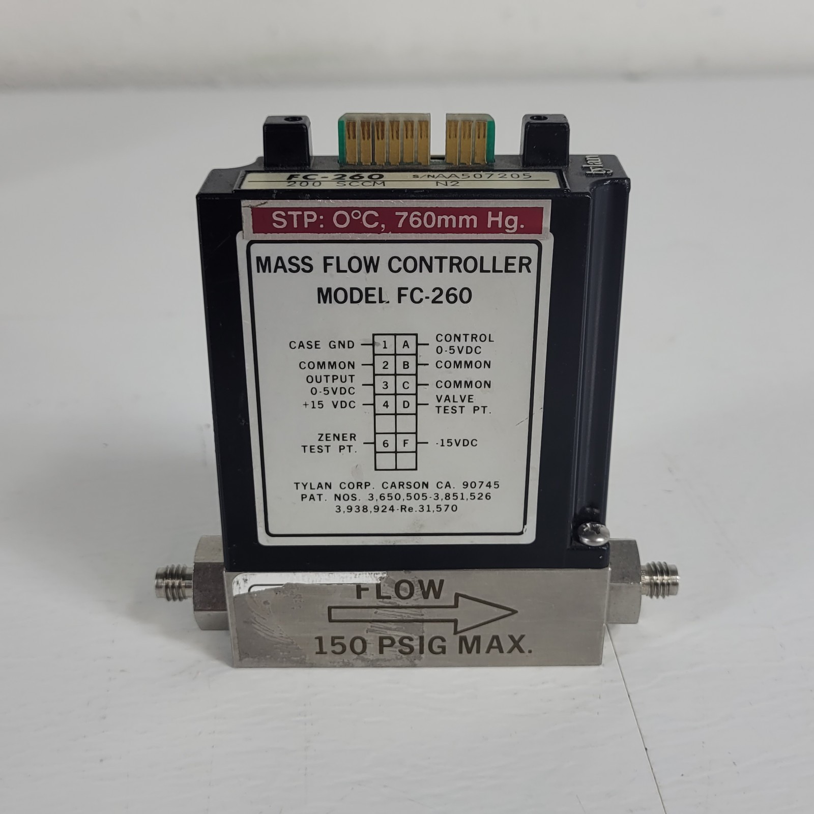 Tylan FC-260 200SCCM N2 Mass Flow Controller 150PSIG Flow Max elastomer-sealed