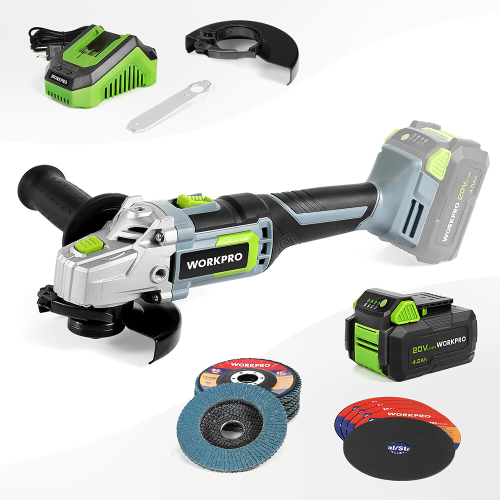 WORKPRO 20V Cordless Angle Grinder Kit w/4.0Ah Lithium-Ion Battery&Fast Charger