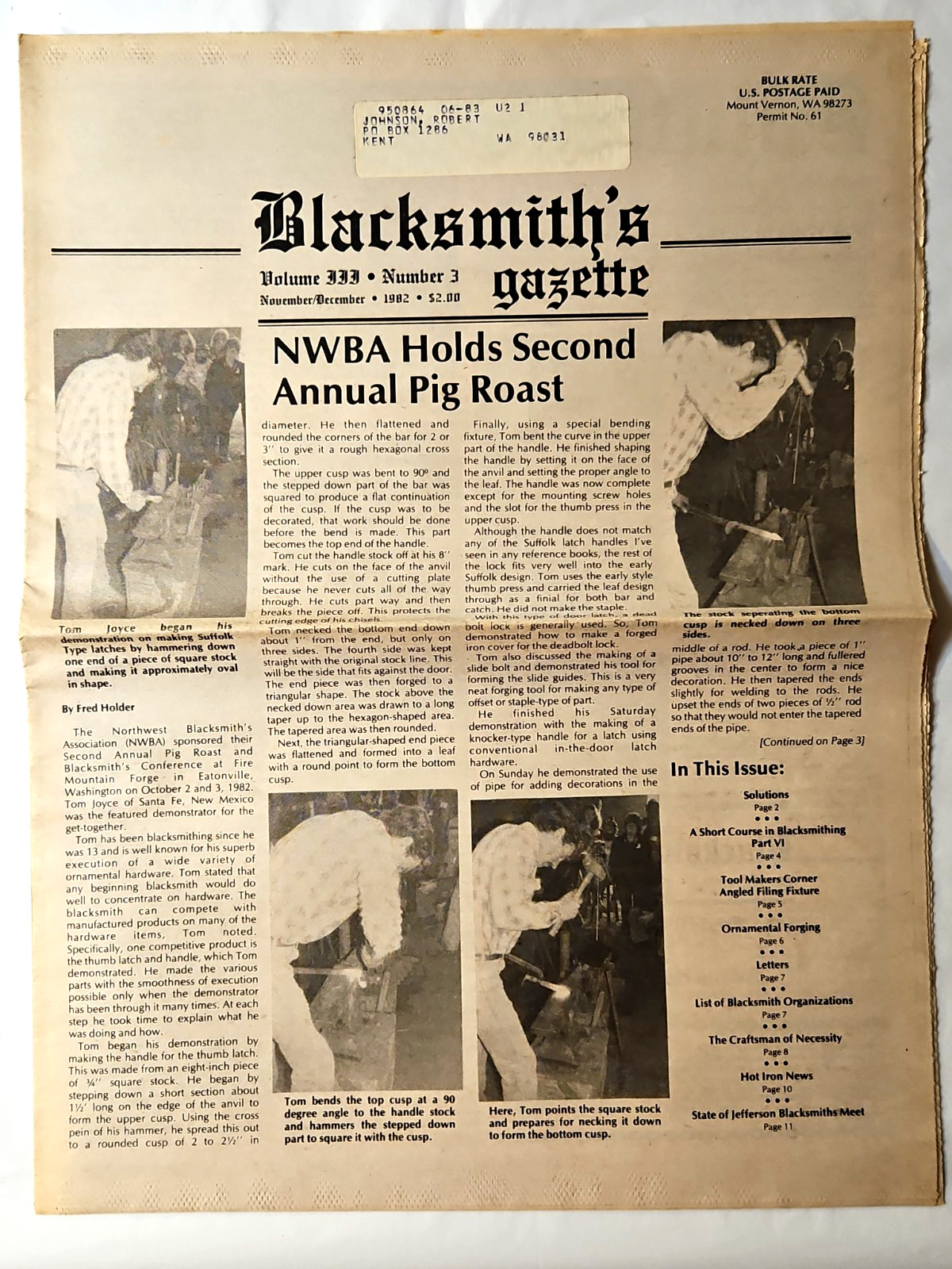 Blacksmith's Gazette Newspaper Mt. Vernon, WA. Volume 3 Number 3 Nov./Dec. 1982