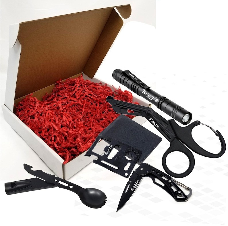 Personalized 5pc Outdoorsman Set Knife Flashlight Shear Spork Survival Tool Card