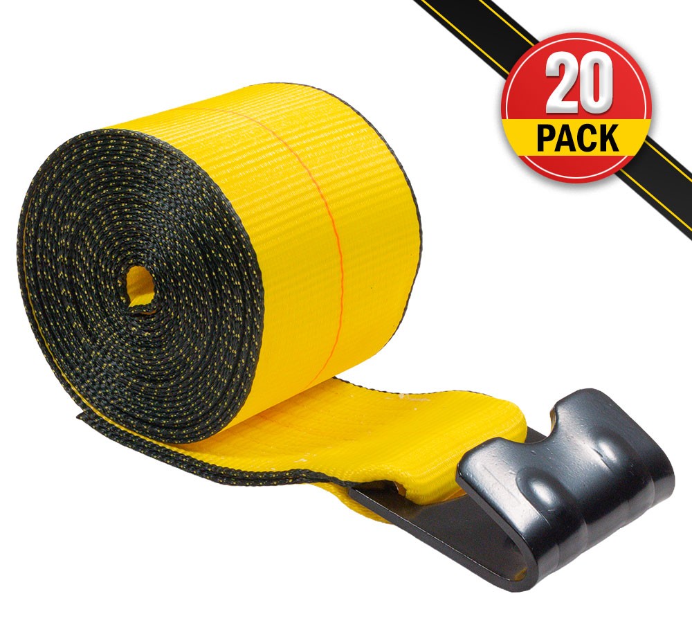 20PK Winch Straps 4"x 20' Yellow Heavy Duty Tie Down w/Flat Hooks WLL# 5400 lbs