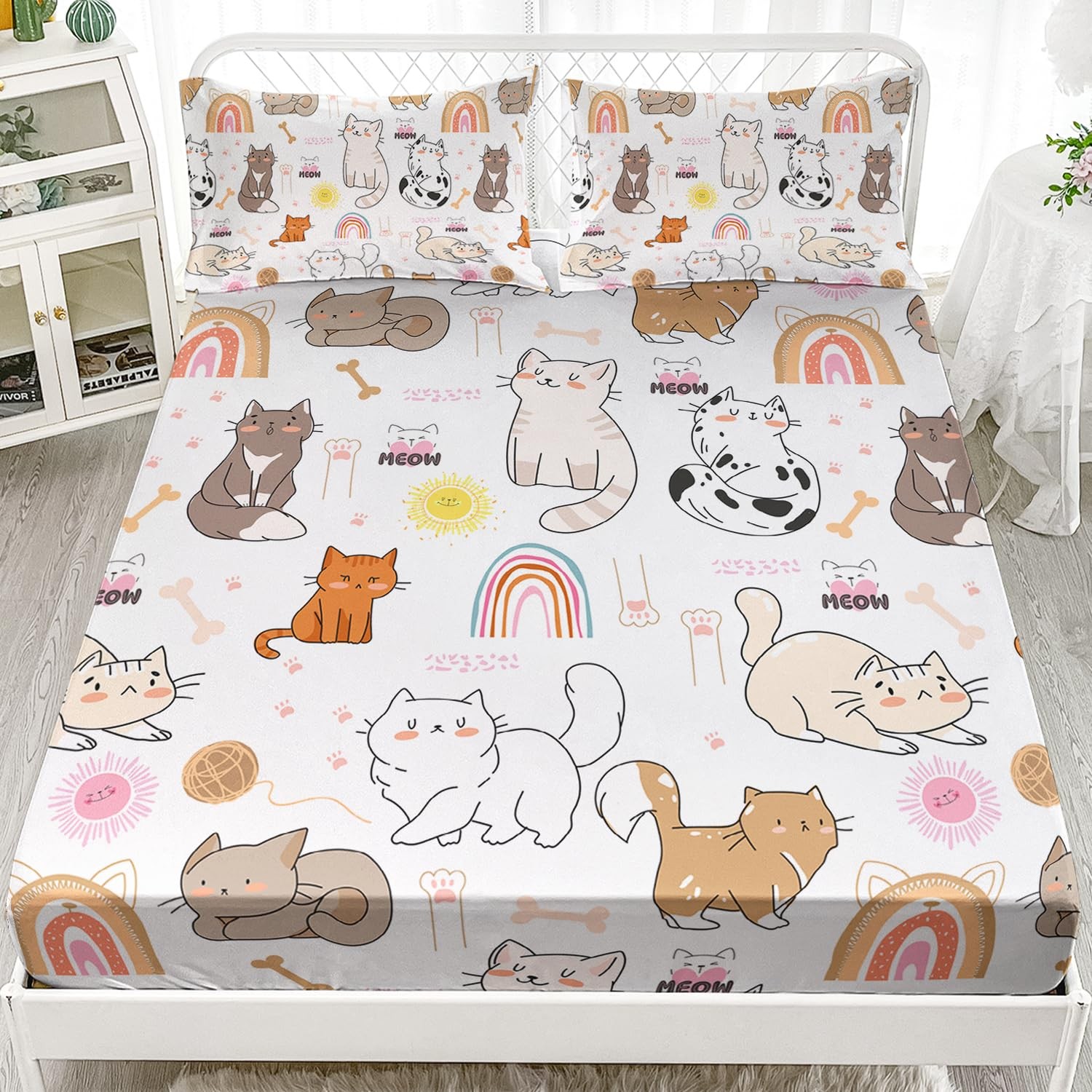 Cute Cat Fitted Twin Size, Cartoon Cat Bedding Set for Girls Boys,Kawaii Anim...