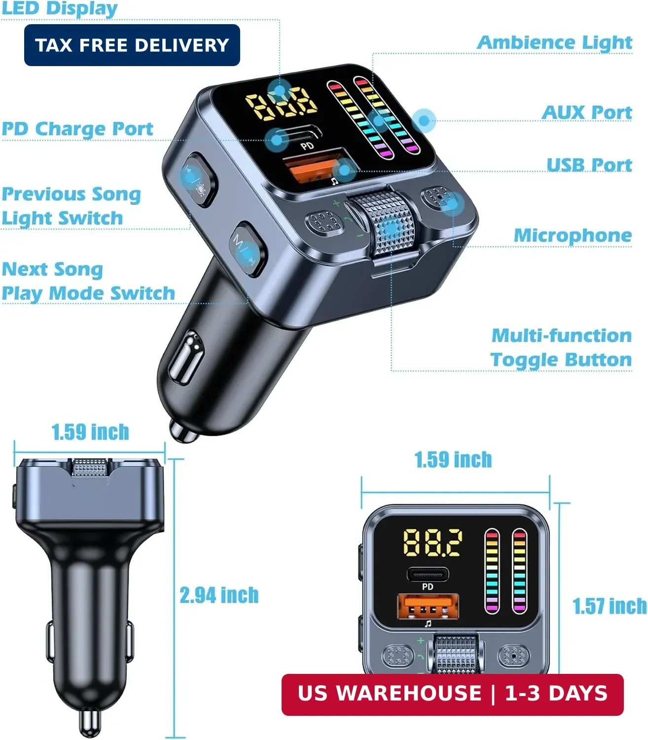 Bluetooth 5.3 Car Adapter with FM Transmitter 42W PD Fast Charging | Bluetooth A