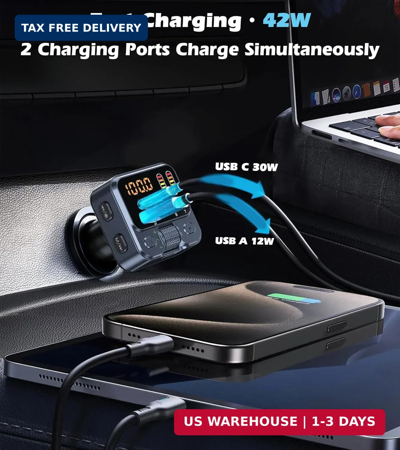Bluetooth 5.3 Car Adapter with FM Transmitter 42W PD Fast Charging | Bluetooth A