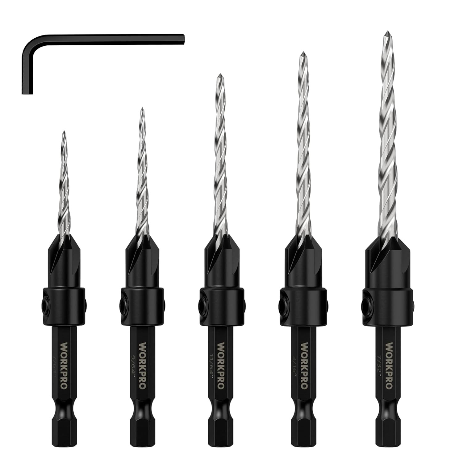 WORKPRO 5PC HSS Countersink Drill Bit M2 4Flute Woodworking Pilot Screw Hole Set