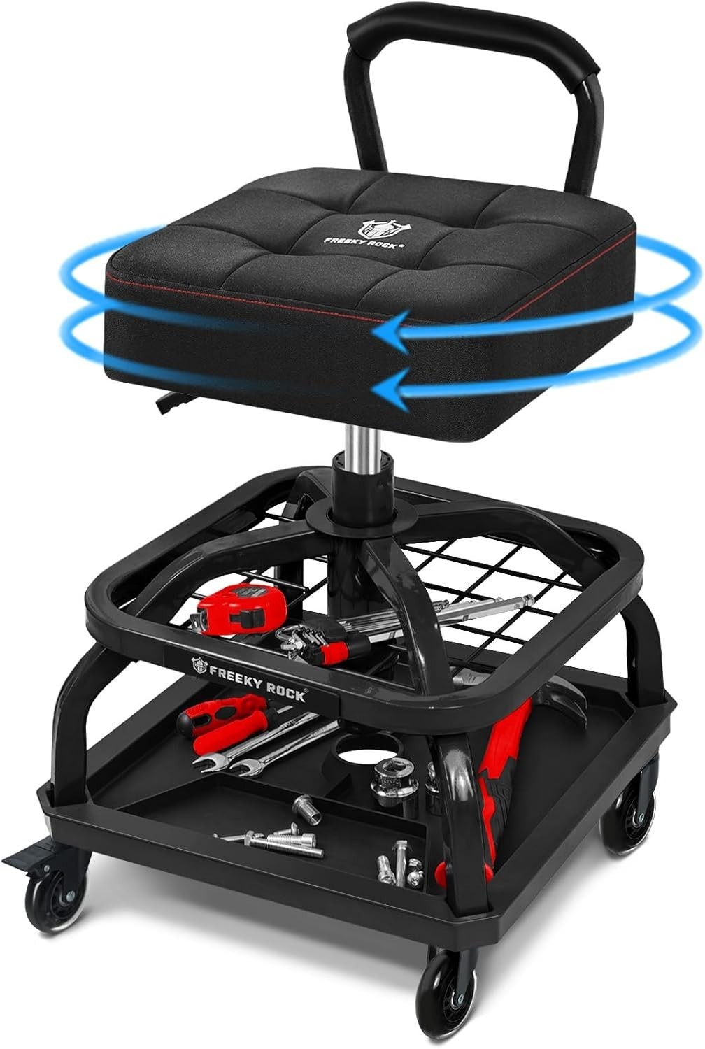 Rolling Shop Stool with Wheels, Garage Mechanic Shop Chair with Handle Black