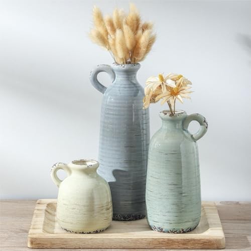 Ceramic Vase Set of 3 | Neutral Vase Home 010 Vase Set With Handle - Multicolor