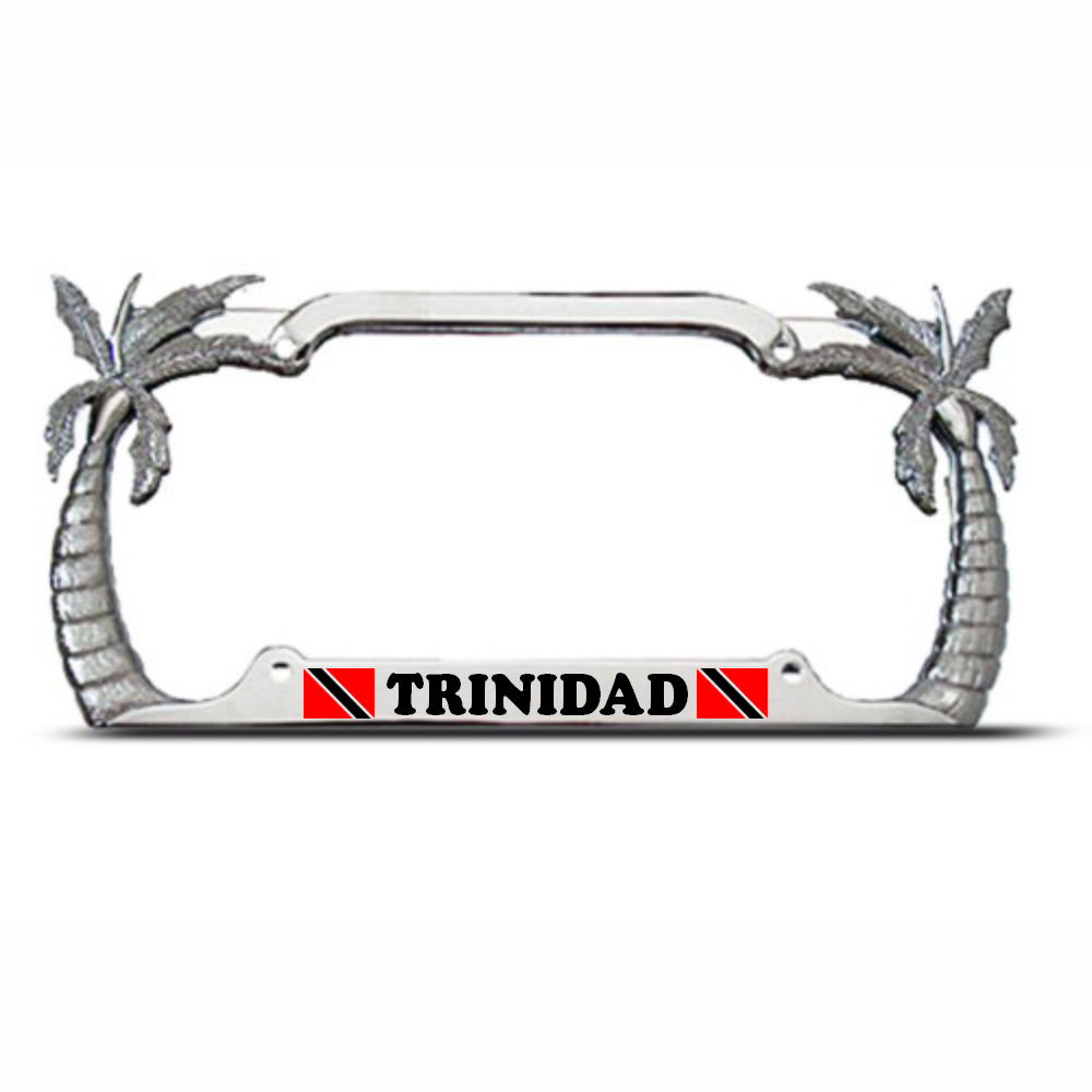 TRINIDAD FLAG Heavy Duty Metal Chrome PALM TREE License Plate Frame