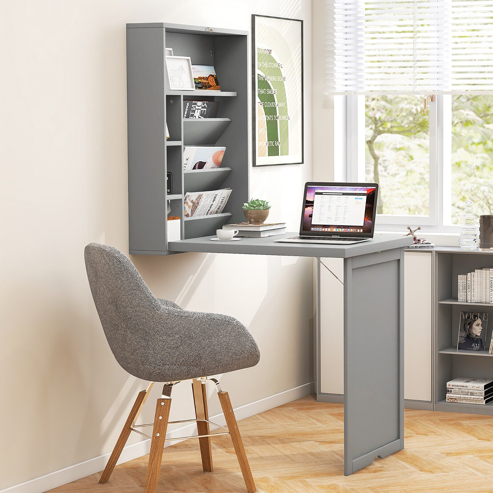 Wall Mounted Computer Convertible Desk Floating Desk w/ Storage Bookcases Grey