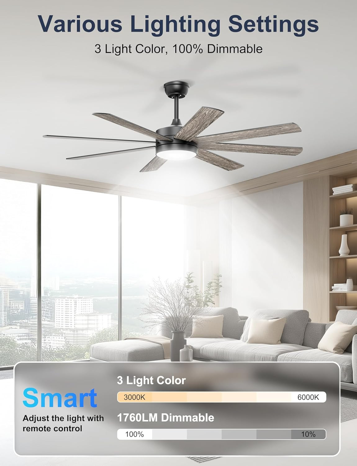 60'' Ceiling Fans with Lights - Modern Black Ceiling Fan Remote/App Control, Dim