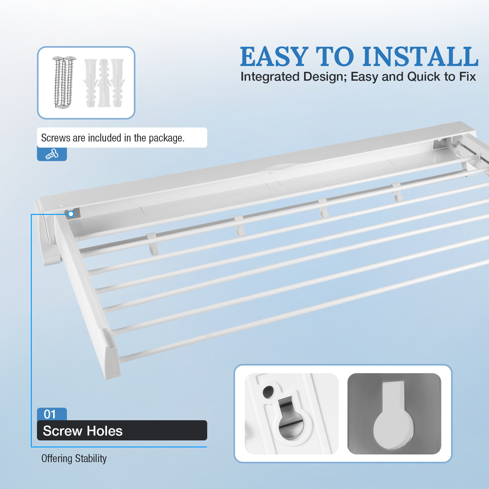 Wall-mounted Laundry Clothes Storage Drying Rack Retractable Dryer Hanger White