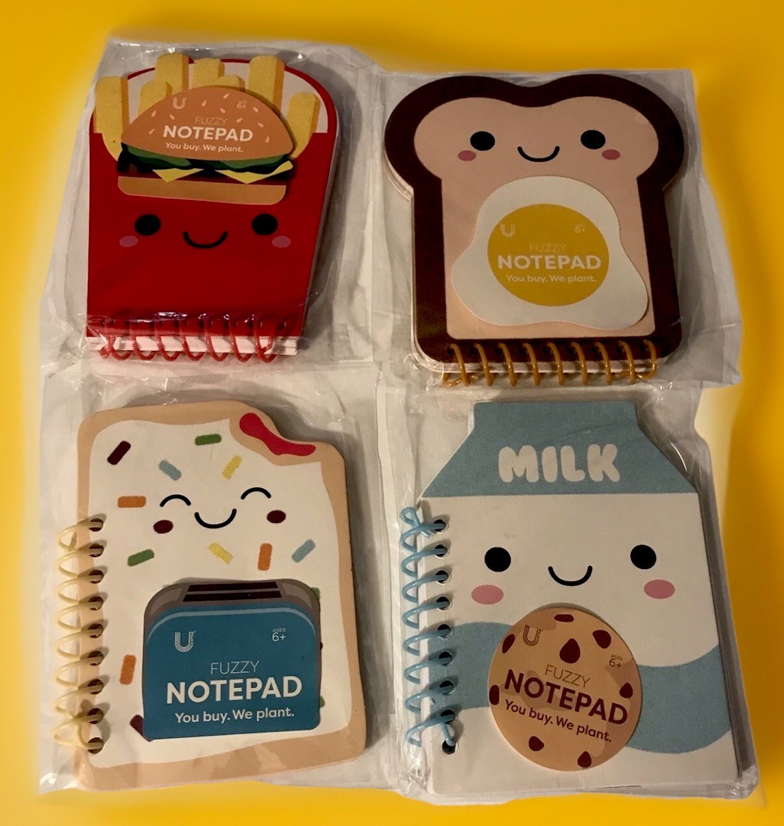 U Style Mini Fuzzy Notepads Toaster Tart, Fries, Milk and Toast Shapes Lot of 4