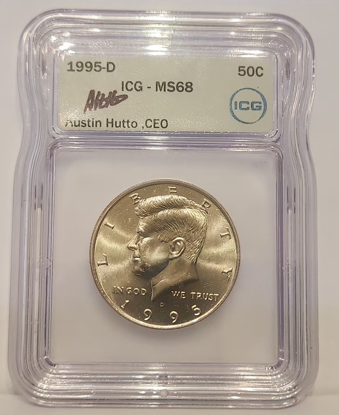 1995-D Kennedy Half Dollar Coin. ICG MS 68 AUSTIN HUTTO SIGNED