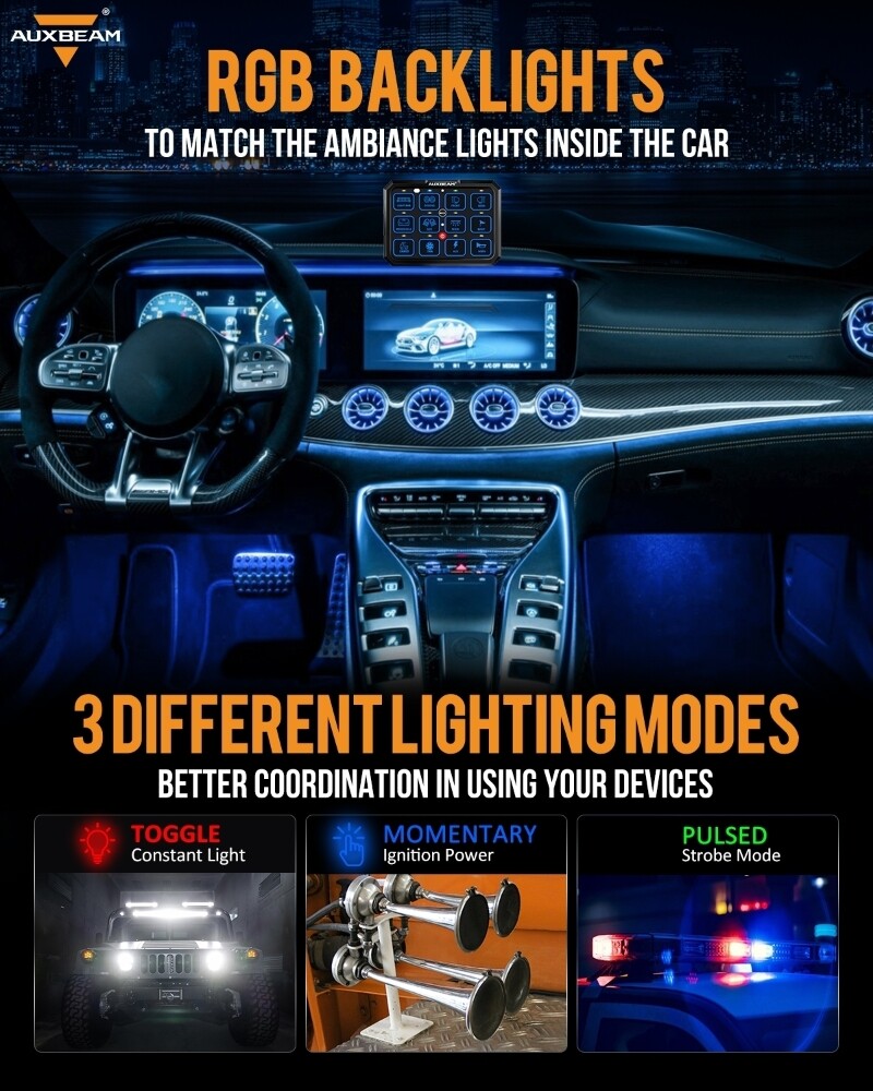 AUXBEAM RB120 12 Gang RGB Switch Panel LED Touch Switch Panel Circuit Controller