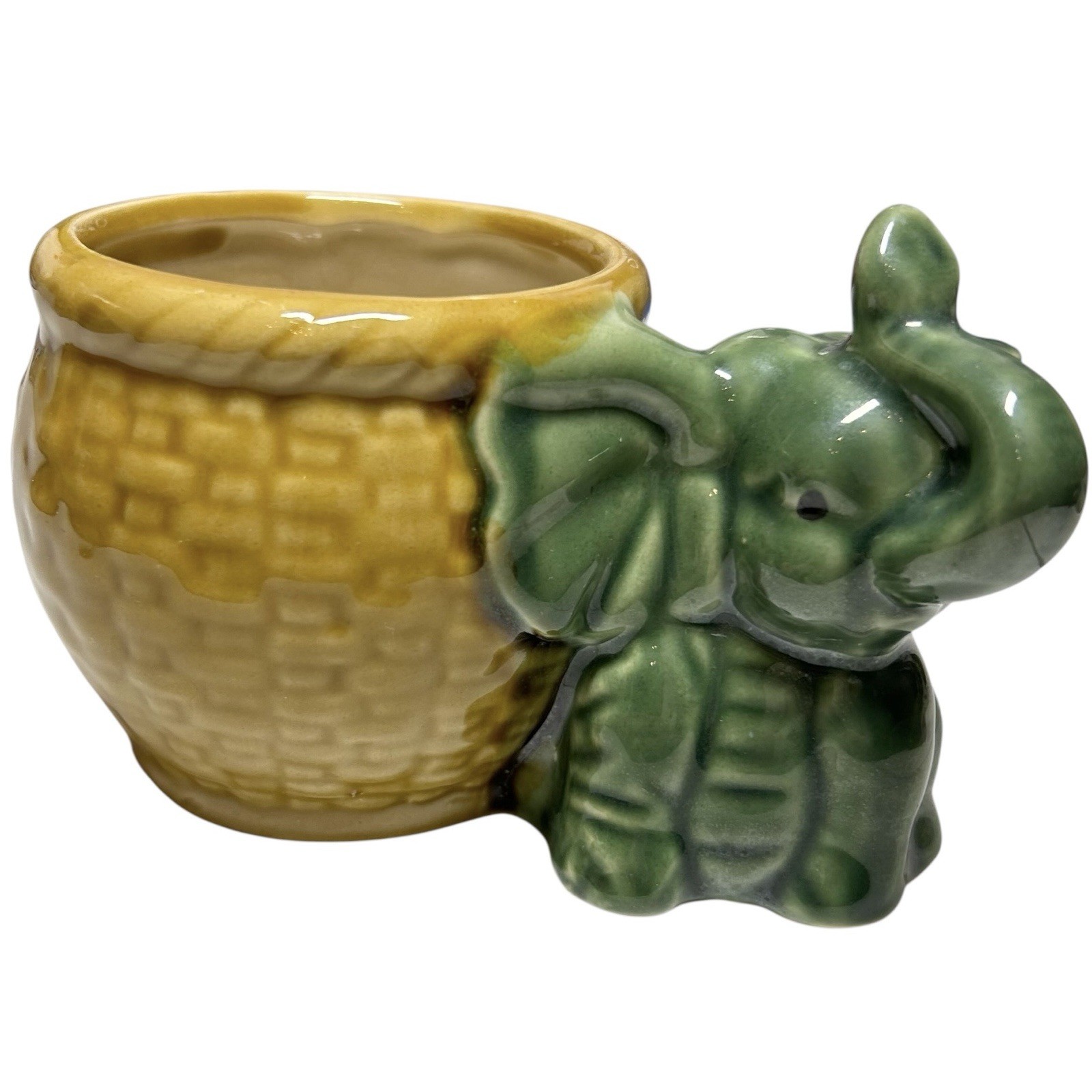 Elephant Planter Ceramic Small Majolica Style Glazed Trunk Up Basket Weaved