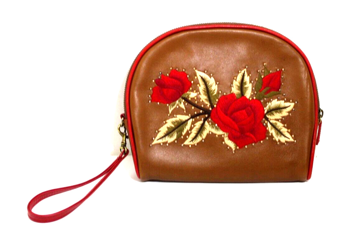 Isabella Fiore  Brown Leather Red Rose Embroidered Zippered Clutch Wristlet