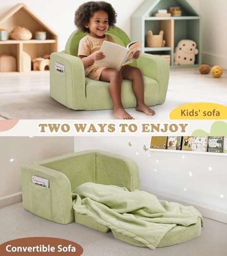 Kids Couch, 2-in-1 Soft Toddler Couch Fold Out with Medium Green Rainbow