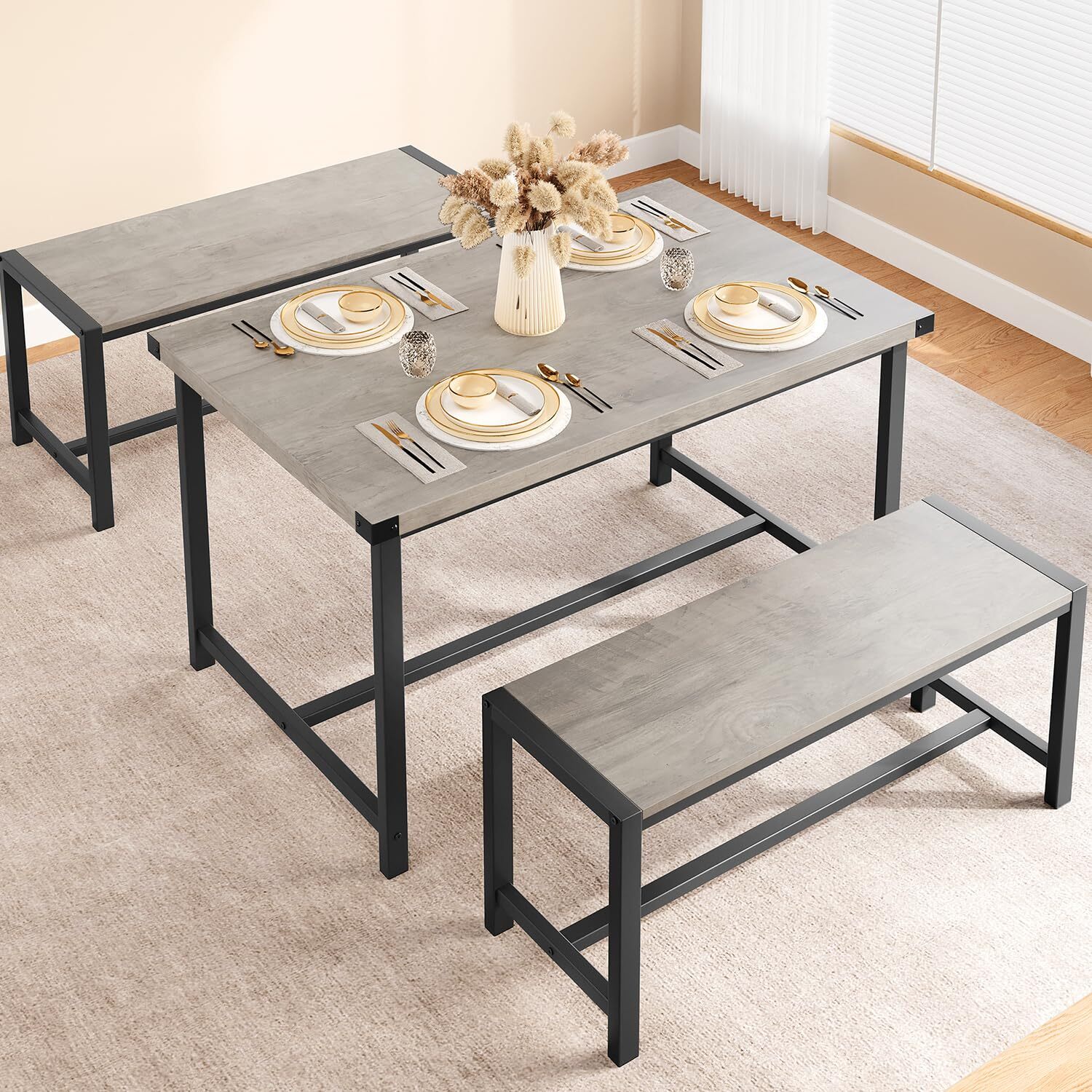 Dining Table Set for 4 Dinette Home Rectangular Kitchen Table and 2 Benches Grey