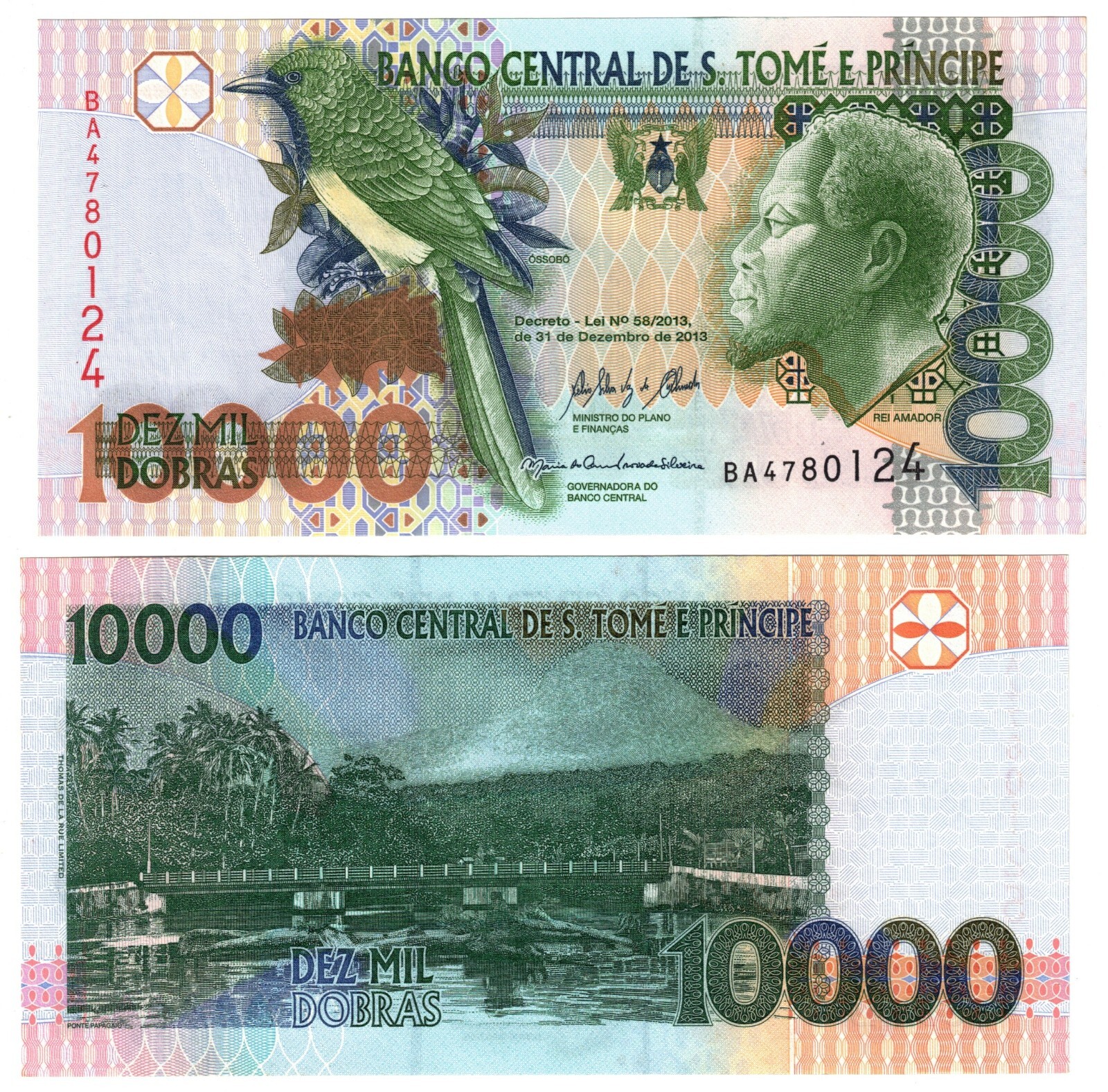 2013 Sao Tome Principe Banknote P66d 10,000 Dobras UNC Saint Thomas Cuckoo bird
