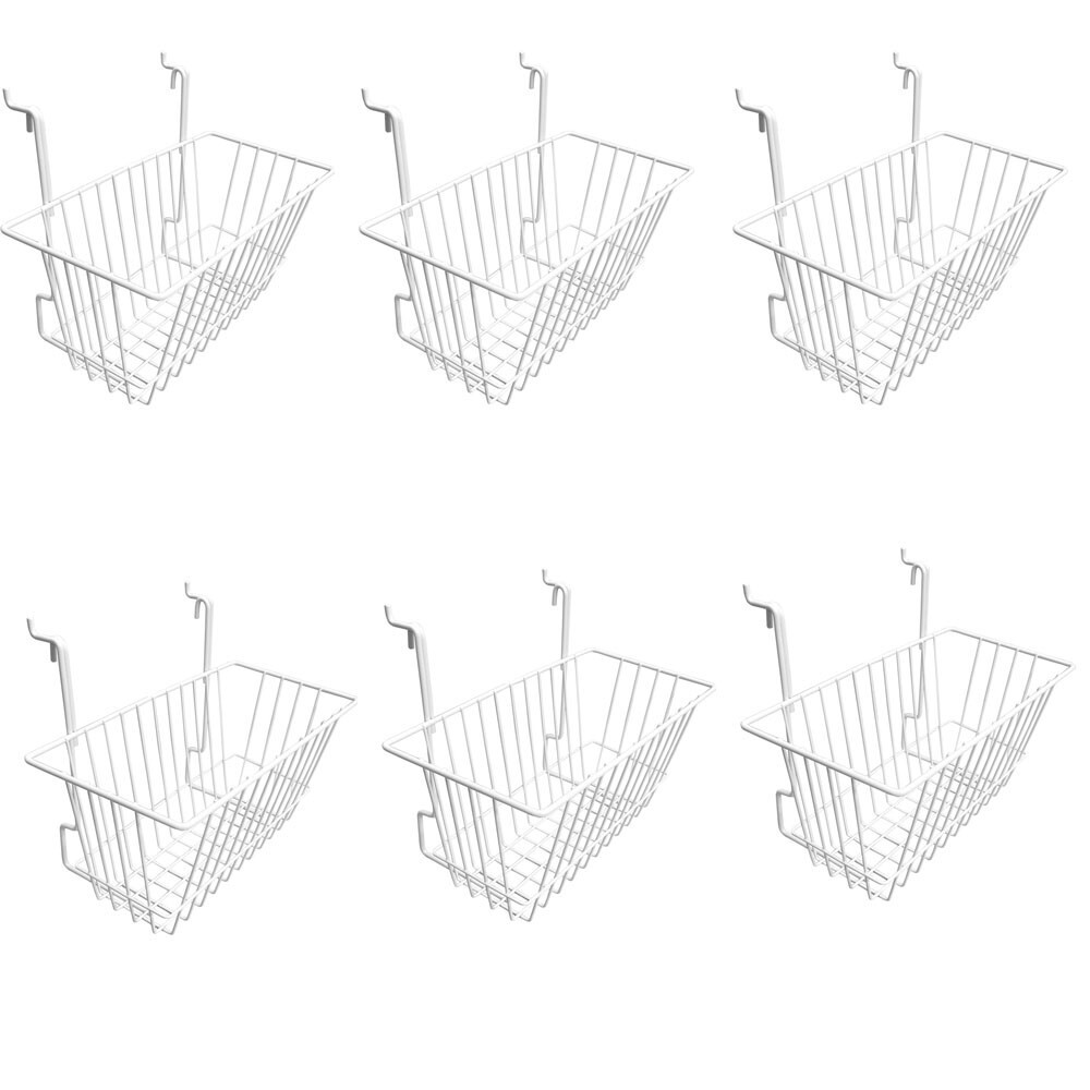 6 Pc WHITE 12x6x6 Slatwall Gridwall Pegboard Narrow Deep Basket Display Rack