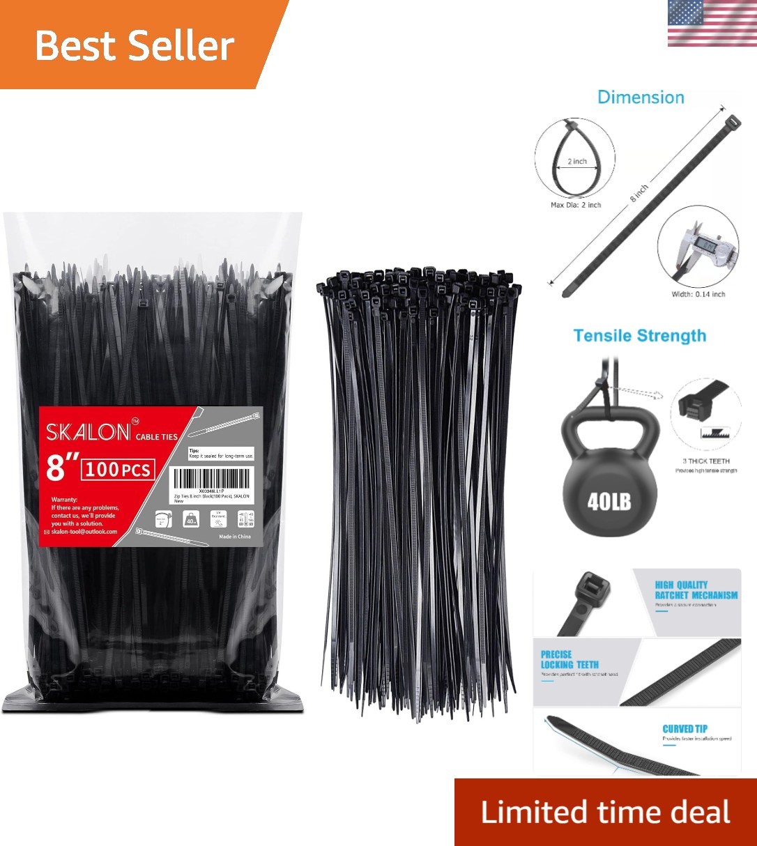 Multi-Purpose 8 Inch Zip Ties - Strong 40 lbs, Indoor/Outdoor Use, 100 Pack