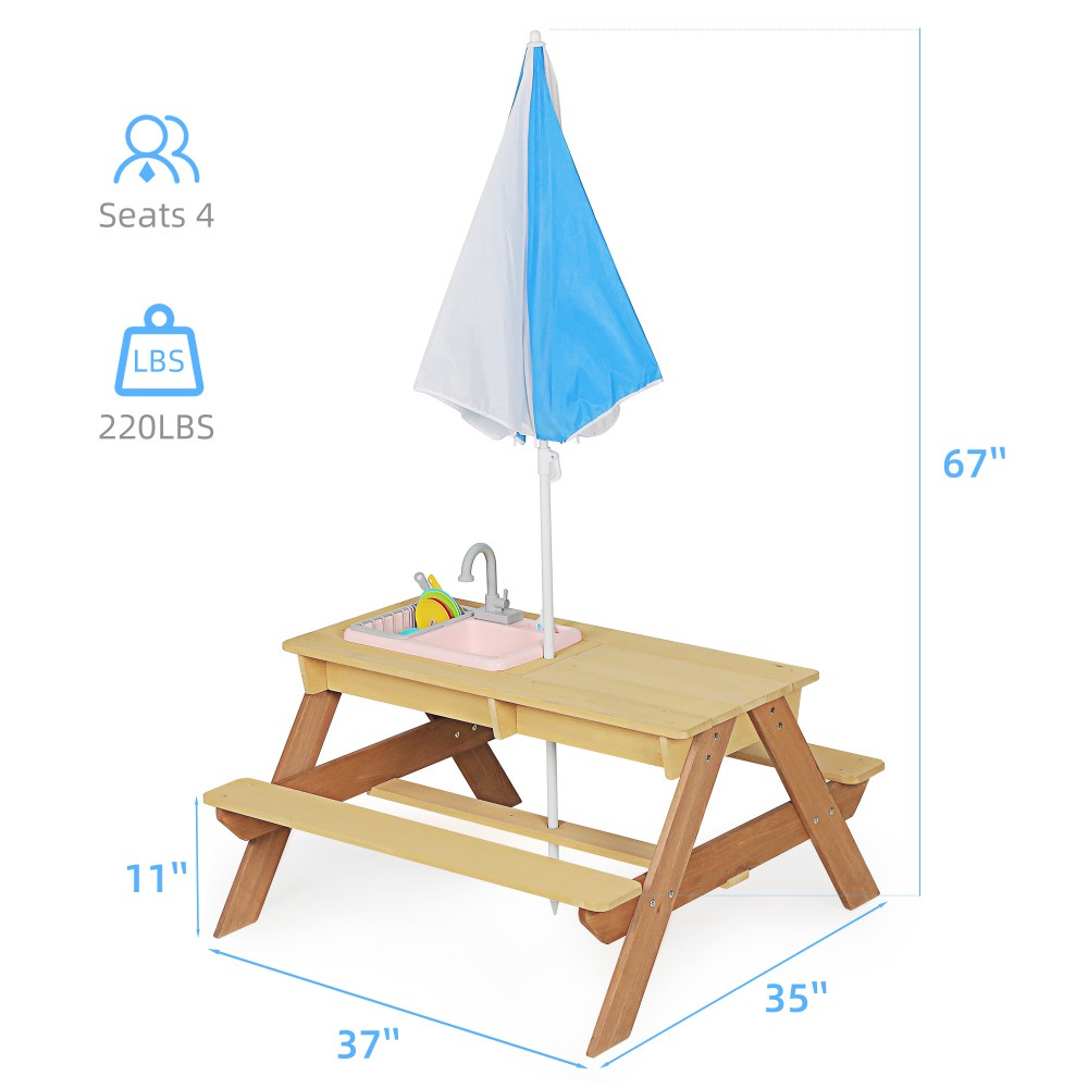 Kids Sand & Water Activity Table with Umbrella, Convertible Picnic Table