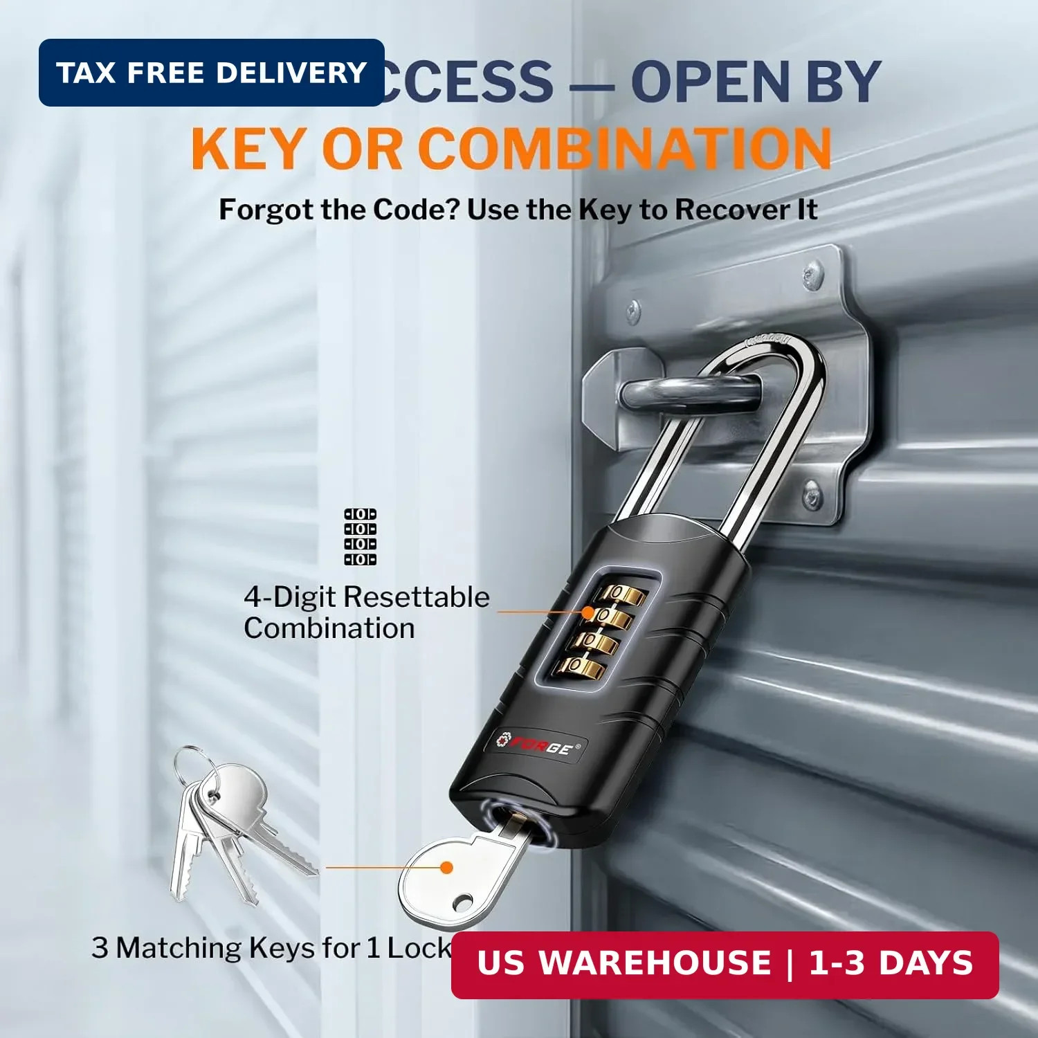 Forge 4-Digit Combination Padlock with Backup Keys, Recover Forgotten Code, Wate