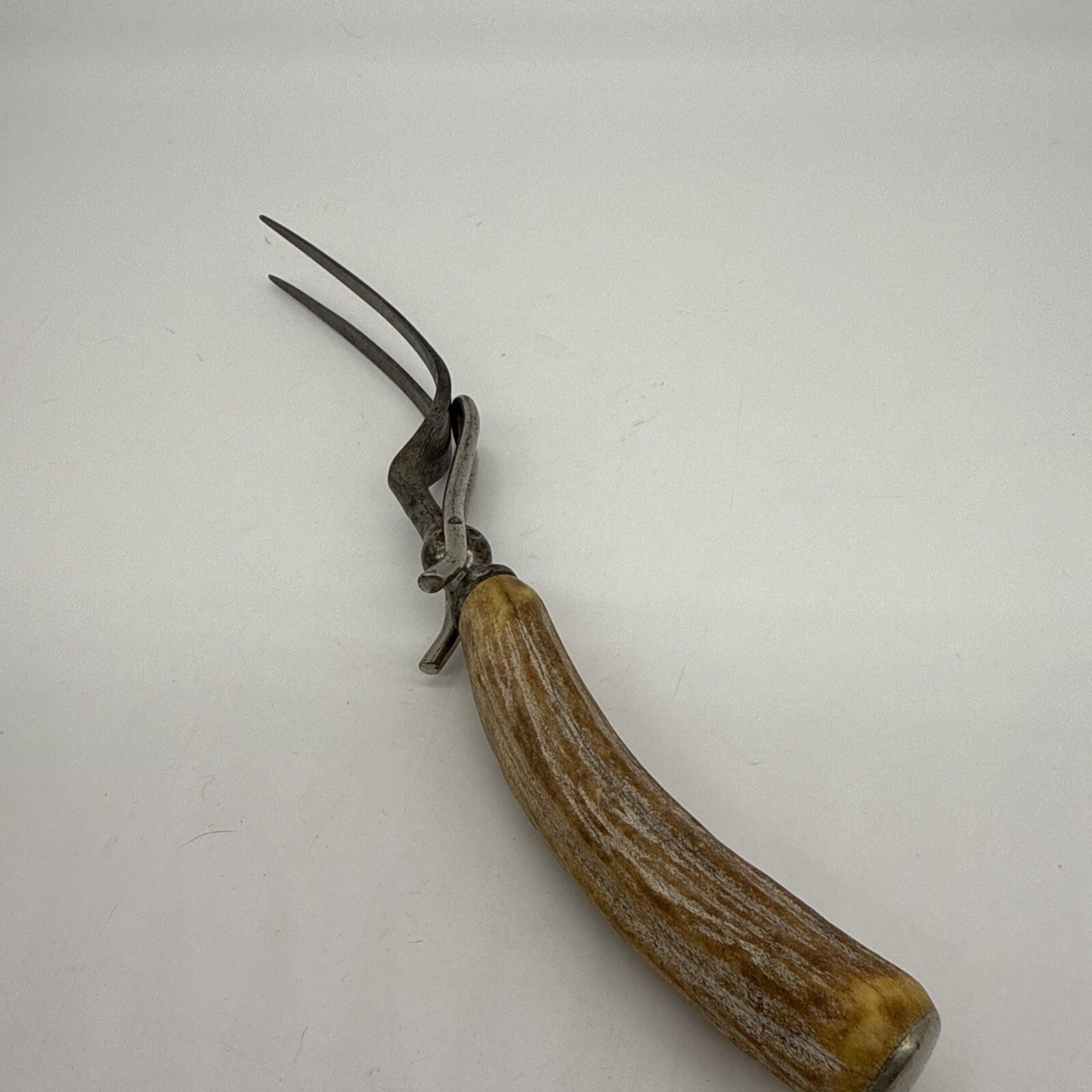 Antique Antler Handled Meat Fork Steel Double Prong Serving Fork w/ Stand