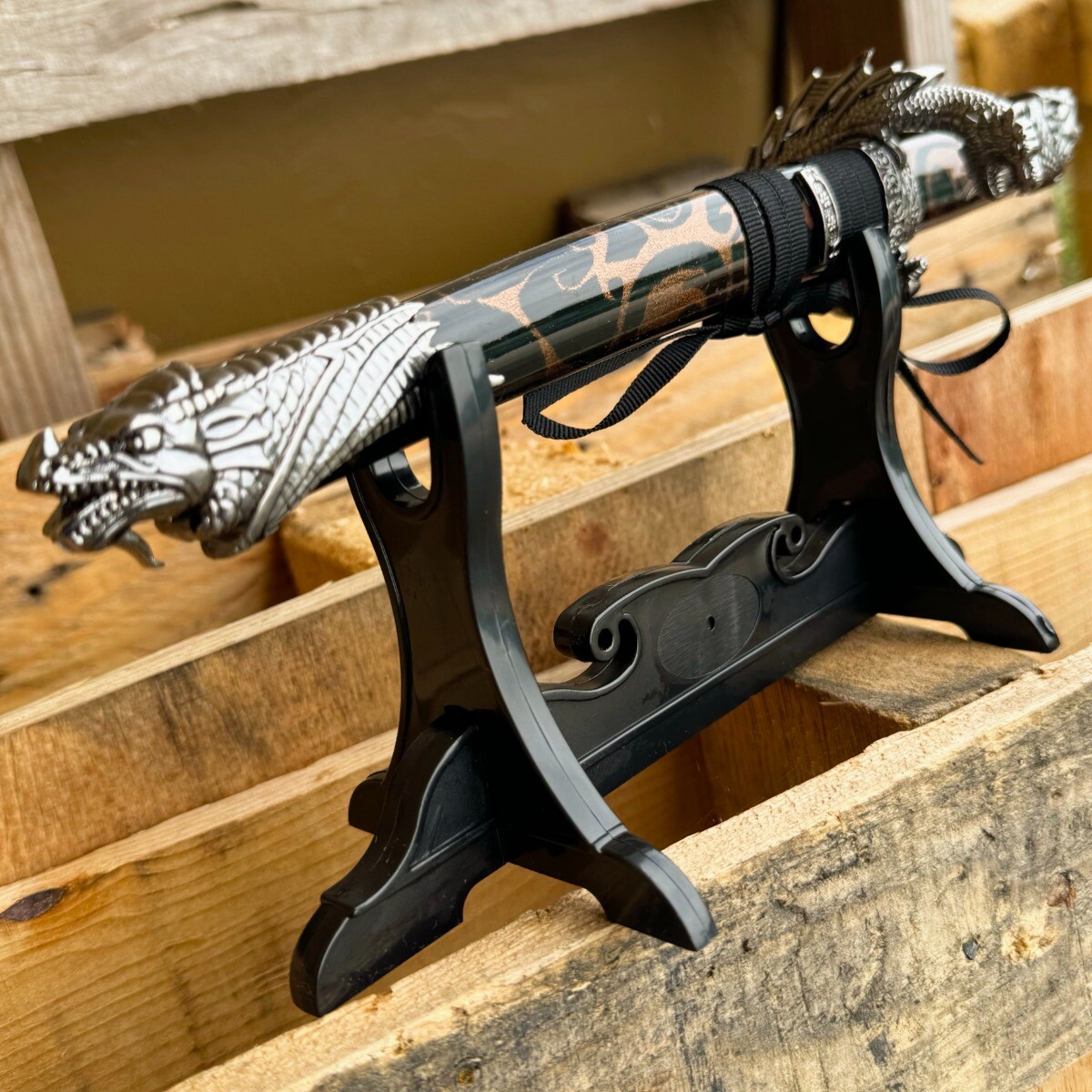 13" Dragon Fixed Blade Design Handle Black Samurai Mini Katana Sword With Stand