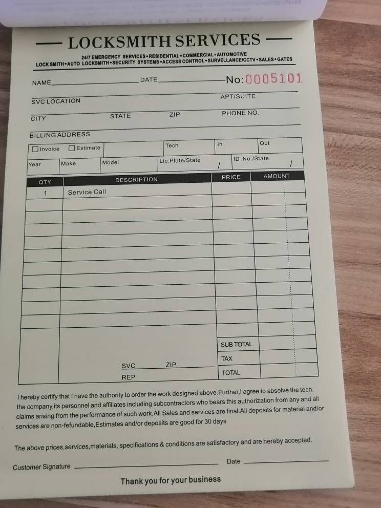 50 2-part NUMBERED Locksmith Invoices - Receipts - total 100 pages