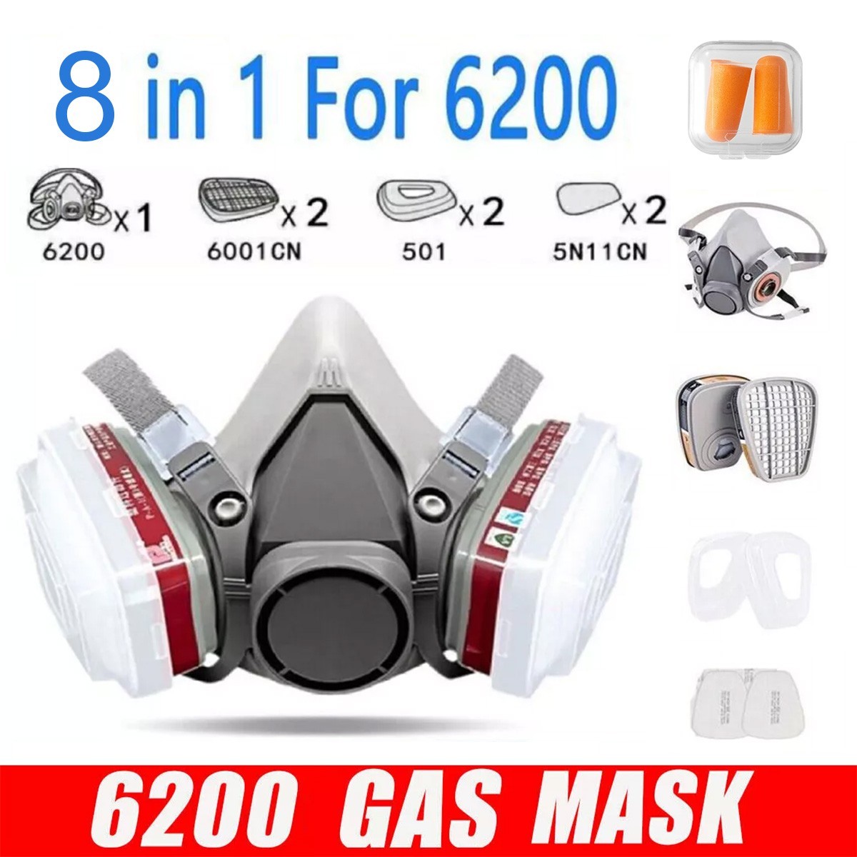 8in1 Half Face Gas Mask Facepiece Chemical Spray Painting Safety 6200 Respirator
