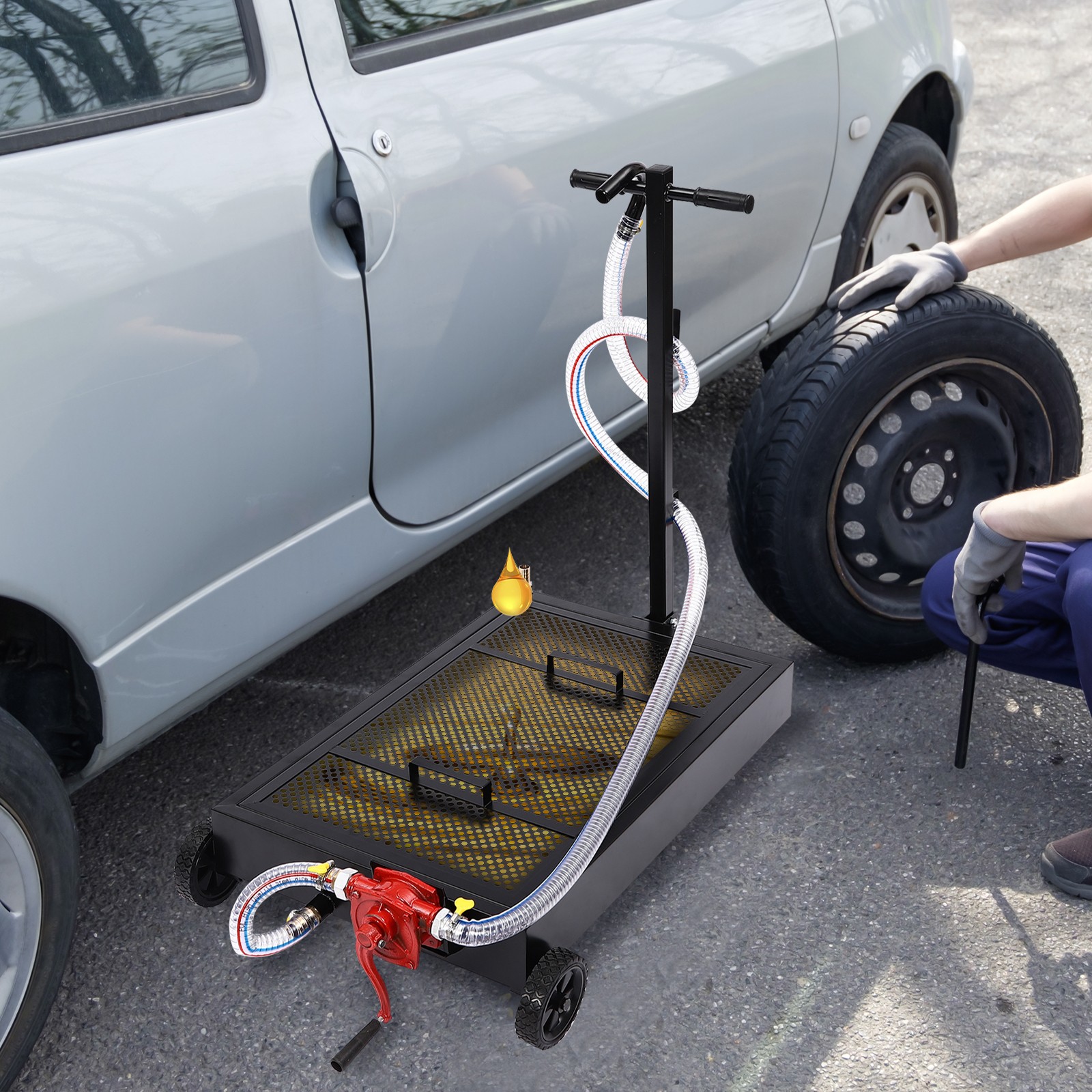 Oil Drain Pan 15 Gallon Oil Drain Tank Oil Change Pan with Manual Rotary Pump