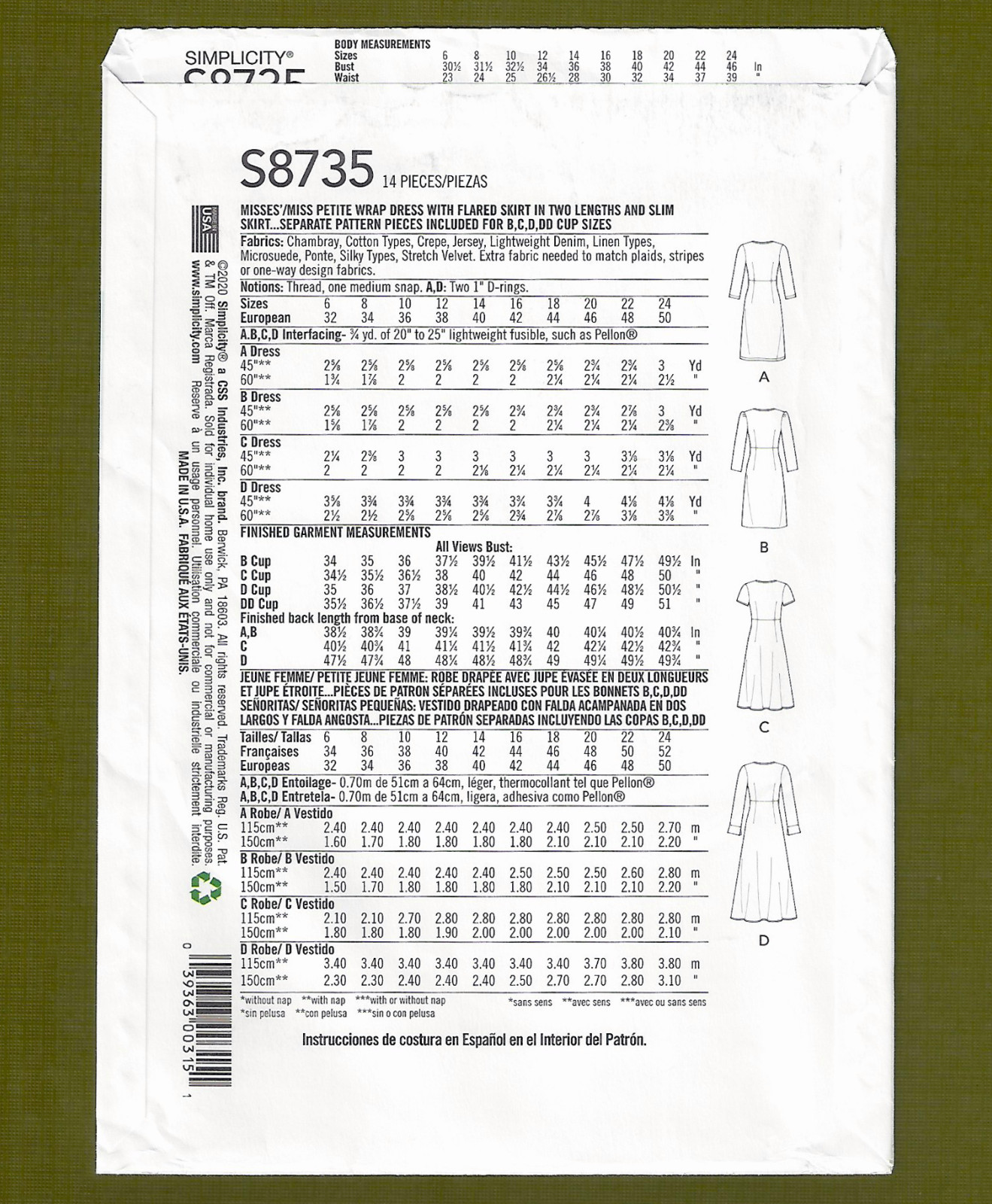 Easy Petite Wrap Dress Sewing Pattern~4 Variations (Sizes 16-24) Simplicity 8735