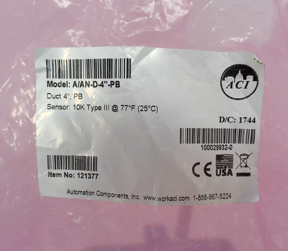 ACI A/AN-D-4'-PB Duct Temperature Sensor 10K