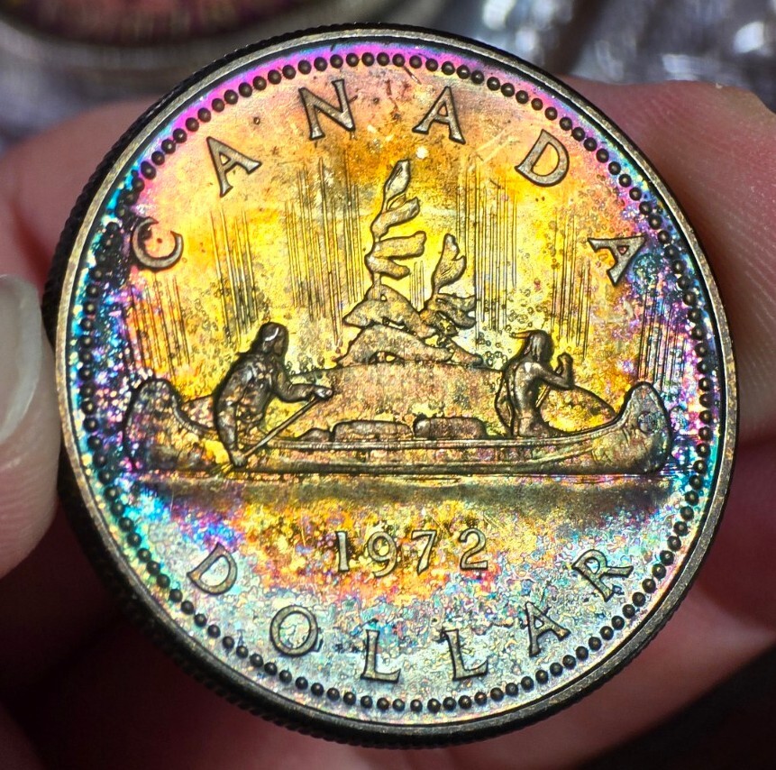 1972 Canada Voyageur Dollar $1 Specimen Monster Rainbow Toning Dually Toned #2