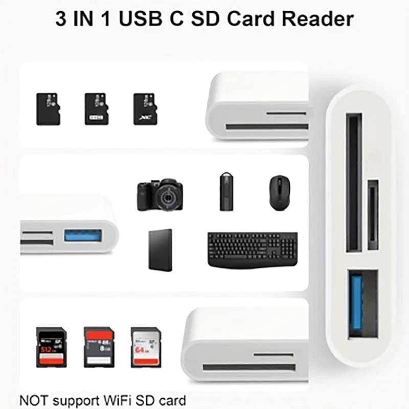 USB C to SD Card Reader, 3-in-1 Hub Converter, Micro SD TF Memory Type-C Adapter
